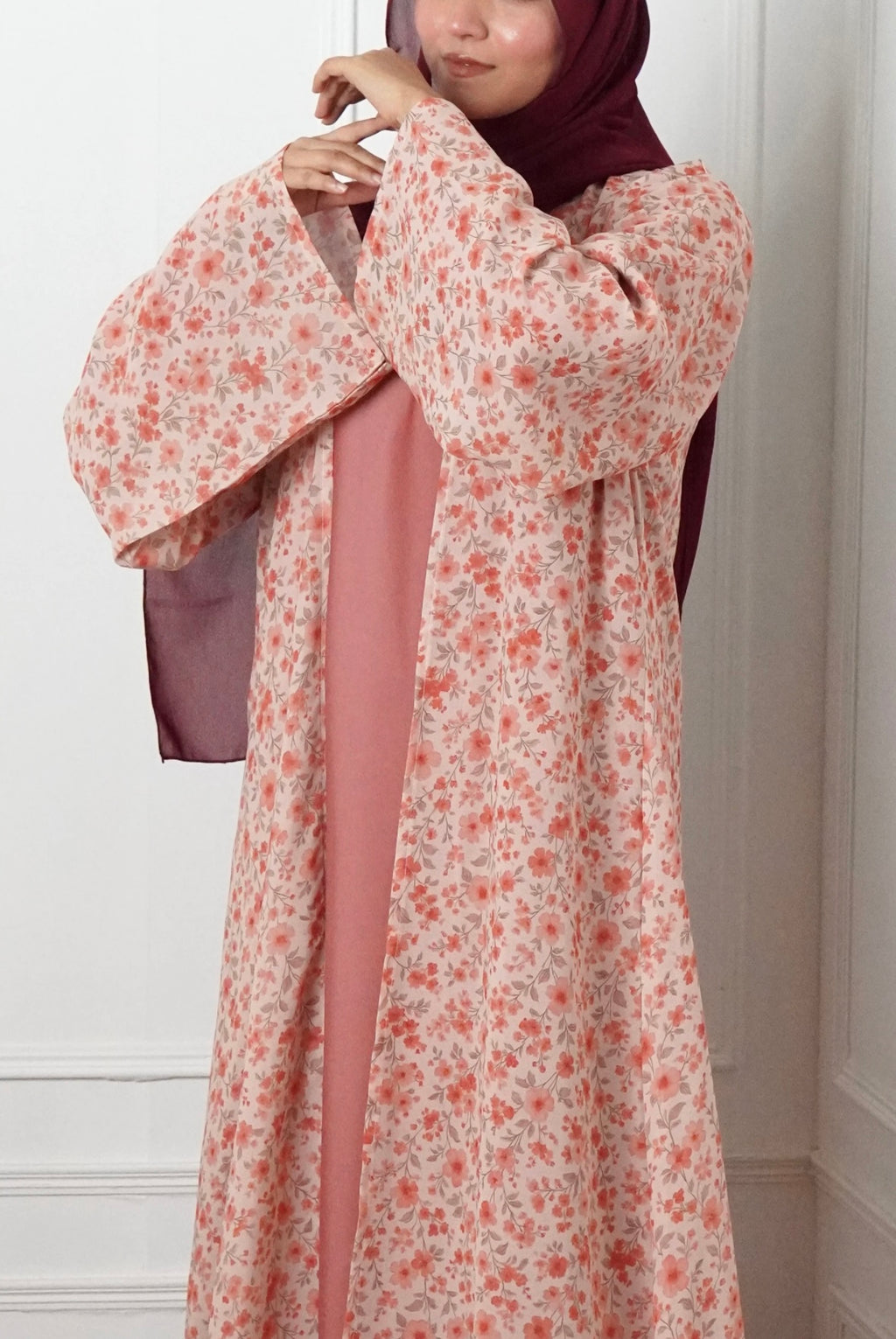 Printed Chiffon Abaya With Inner - Peach