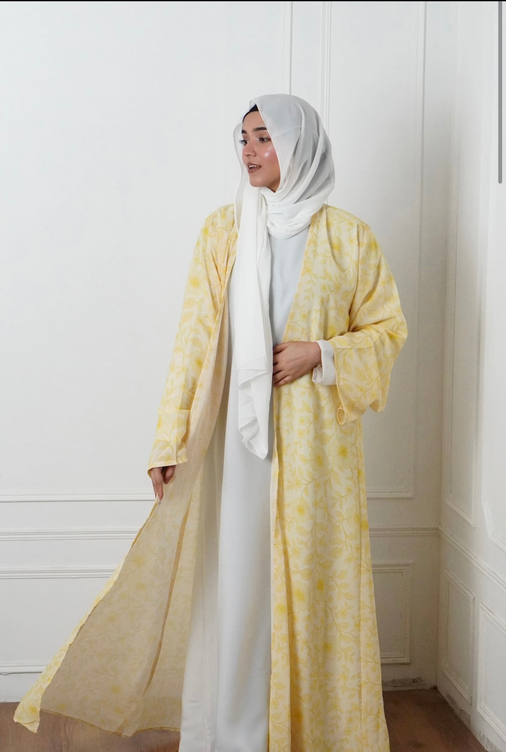 Printed Chiffon Abaya With Inner- Yellow