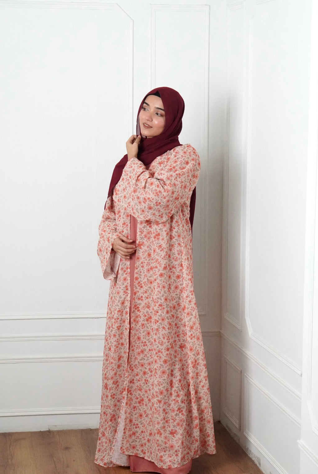 Printed Chiffon Abaya With Inner - Peach