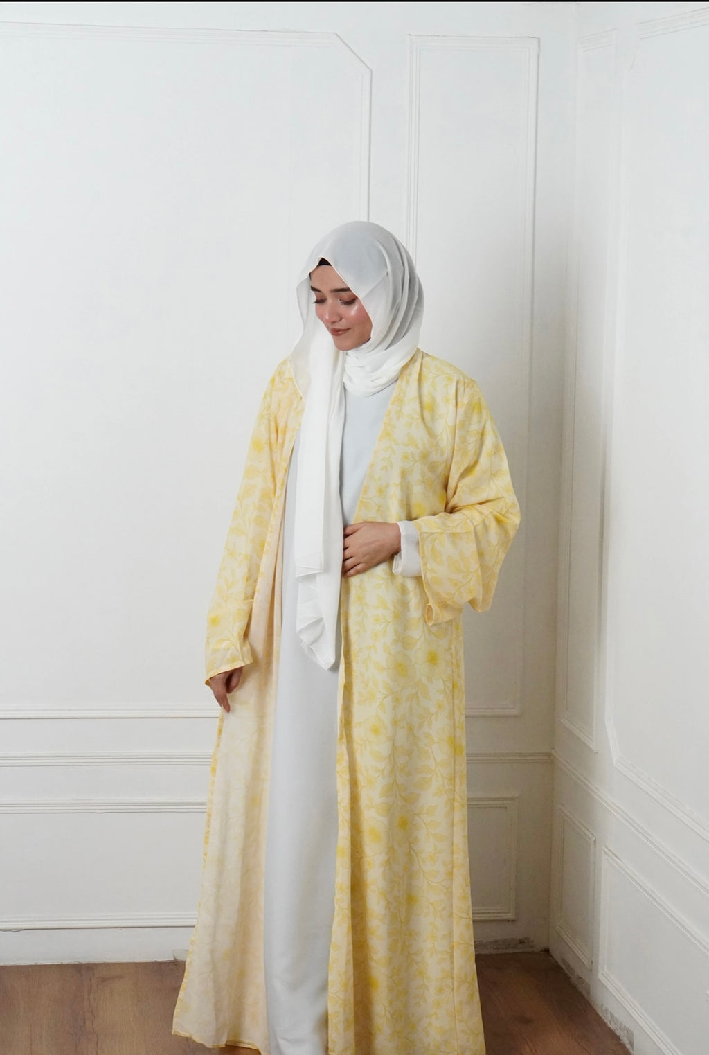 Printed Chiffon Abaya With Inner- Yellow