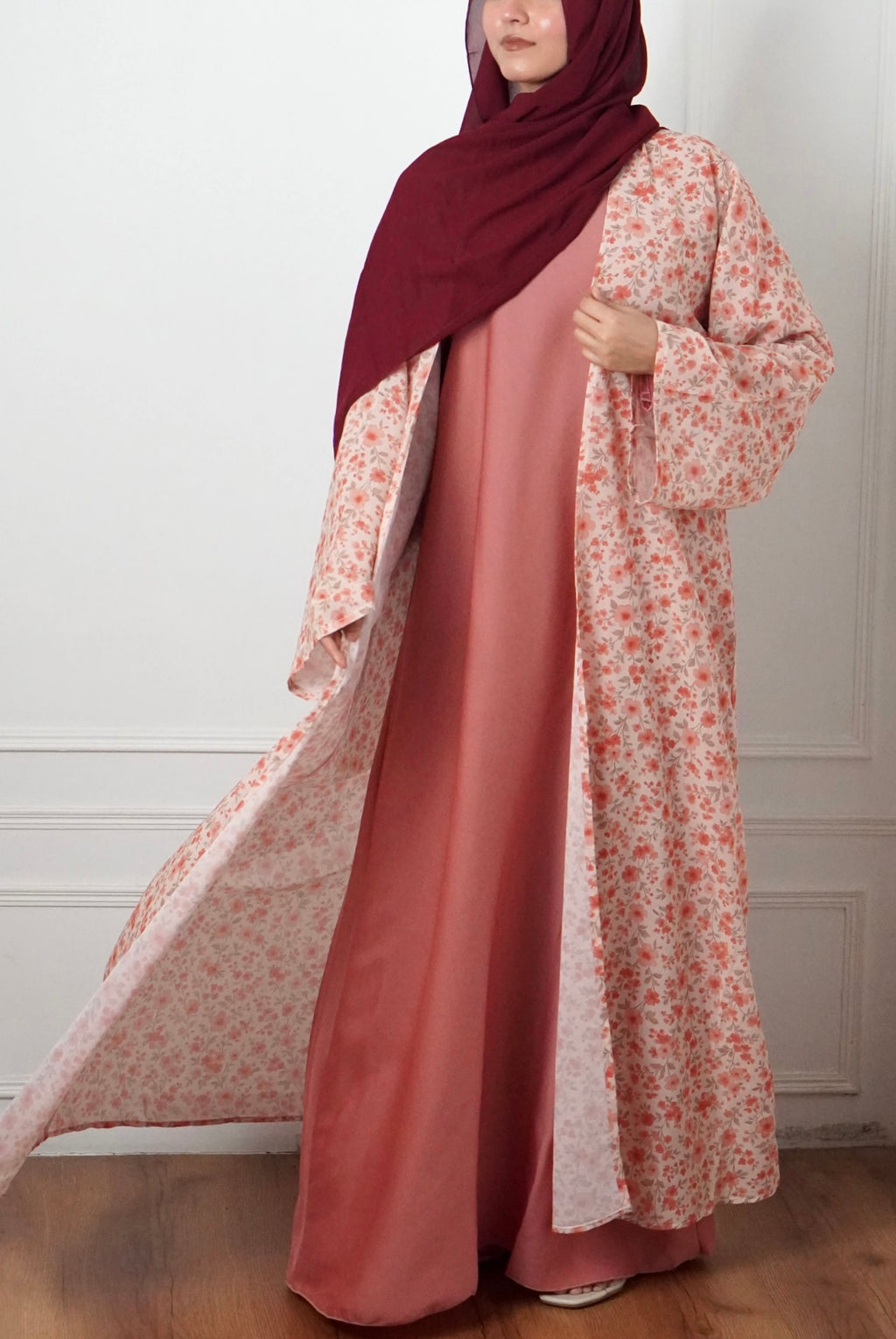 Printed Chiffon Abaya With Inner - Peach