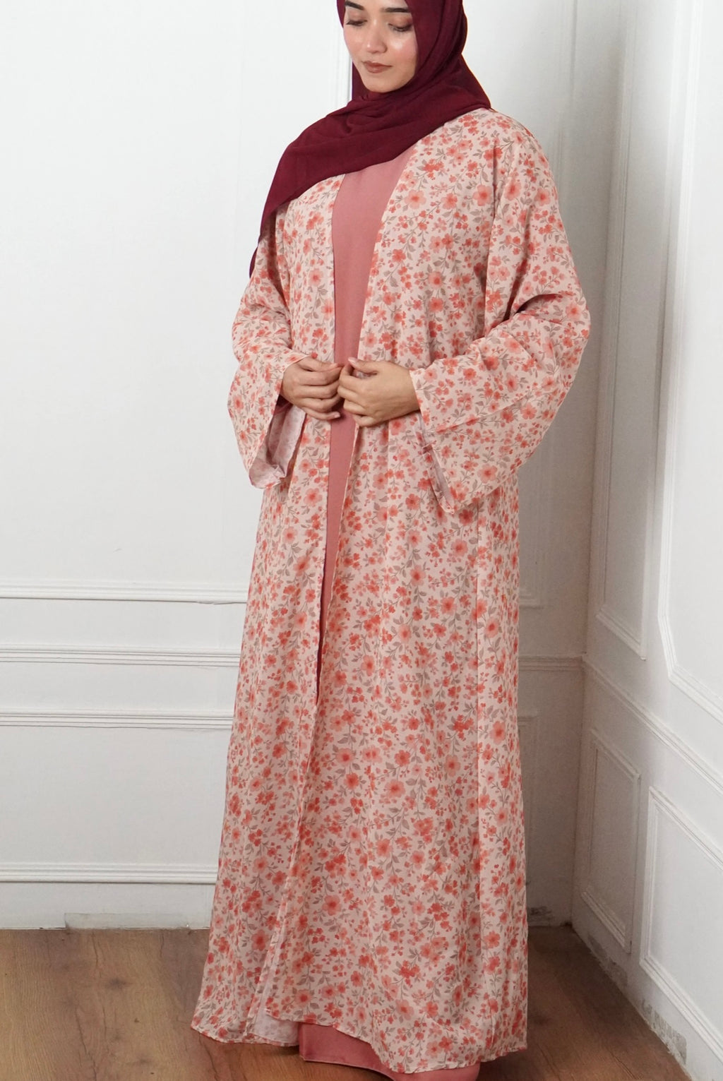 Printed Chiffon Abaya With Inner - Peach