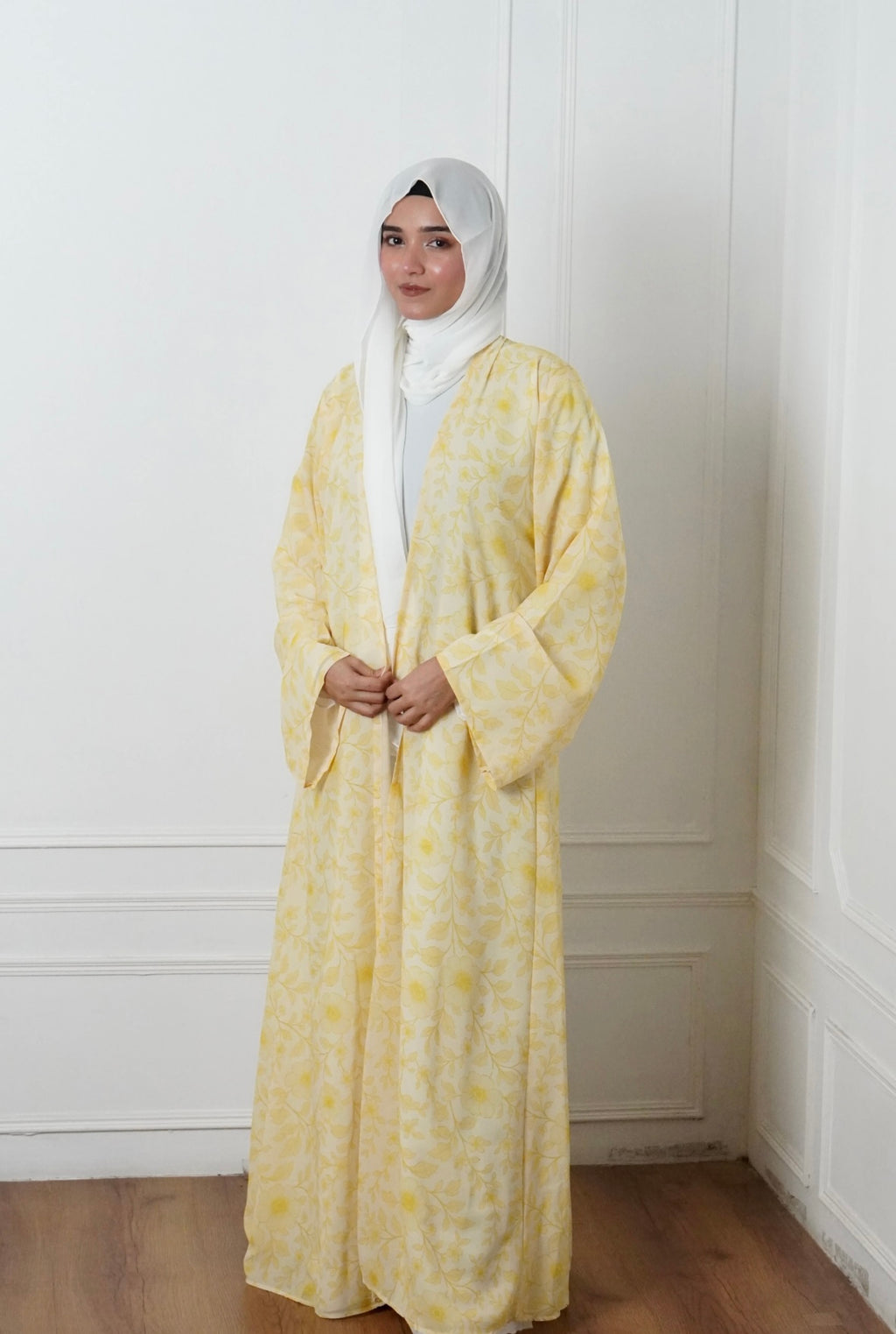 Printed Chiffon Abaya With Inner- Yellow